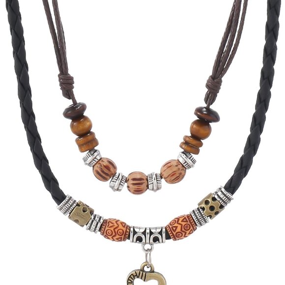 Western Layered Boho Wood Beads Choker Necklace Luck Copper Coins Heart Shaped F - Picture 1 of 7